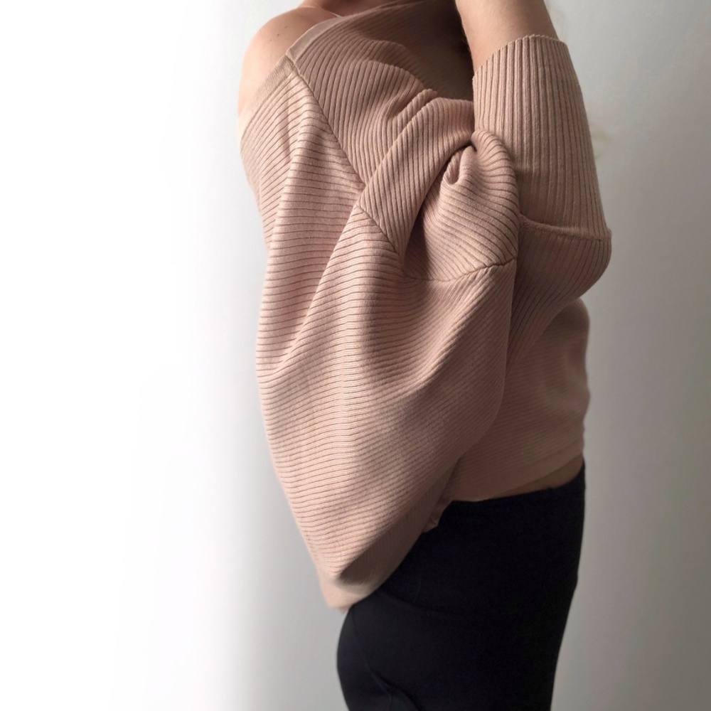 Off Shoulder Sand Ribbed Knit Pullover - Picture 8 of 8